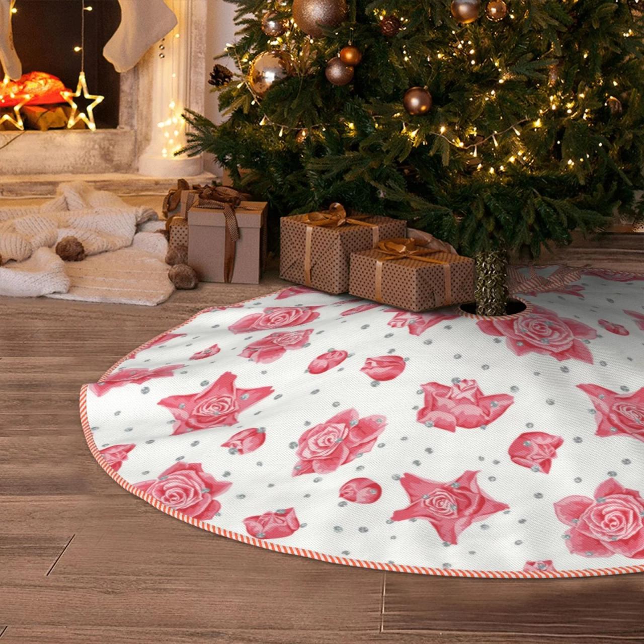 pink christmas tree decor ideas Christmas Tree Skirt pink flowers_A Halloween Tree Skirt Winter Fall Tree Skirt for Christmas