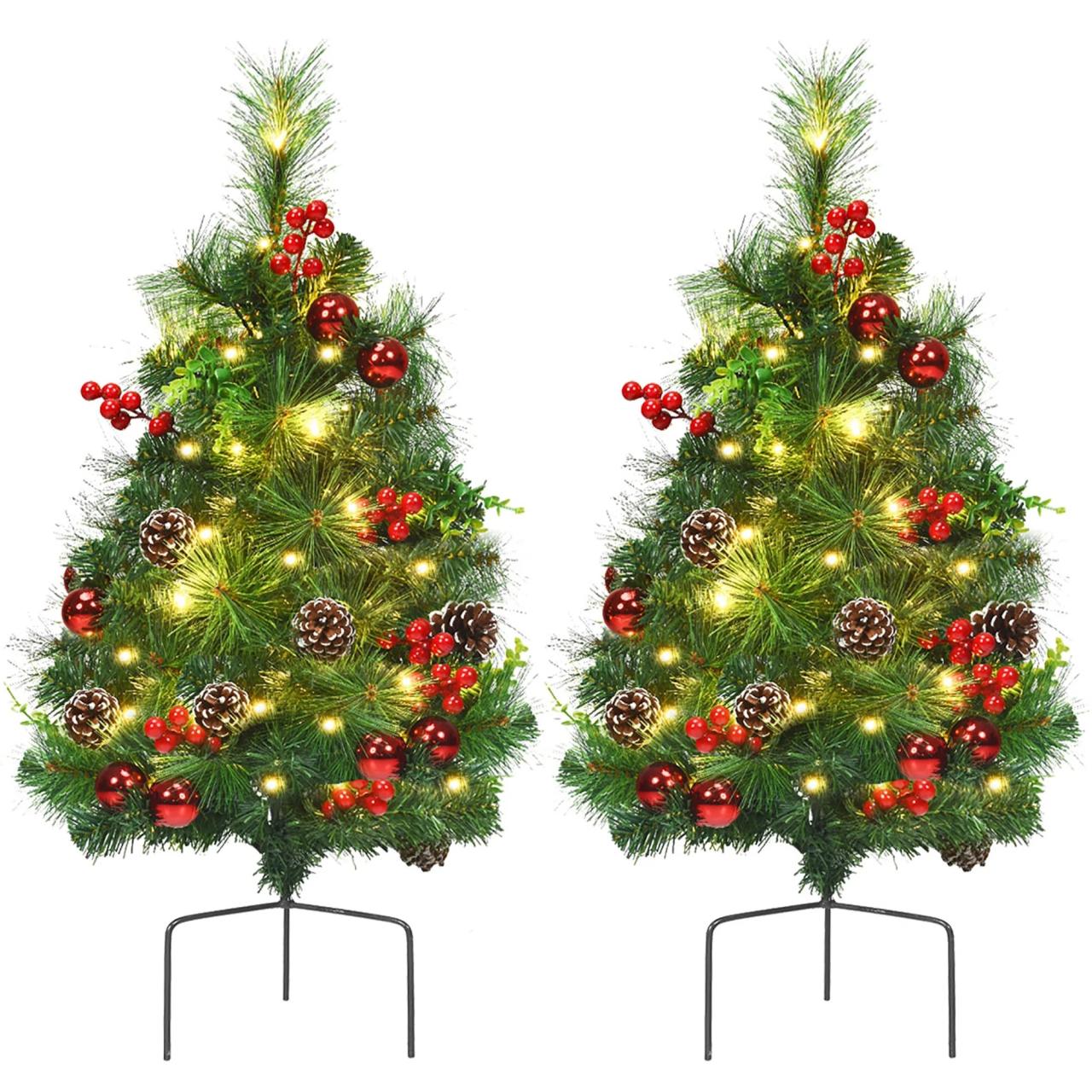 battery operated christmas decor outdoor Costway Set of 2 Prelit Christmas Trees 24in Battery Powered Pathway