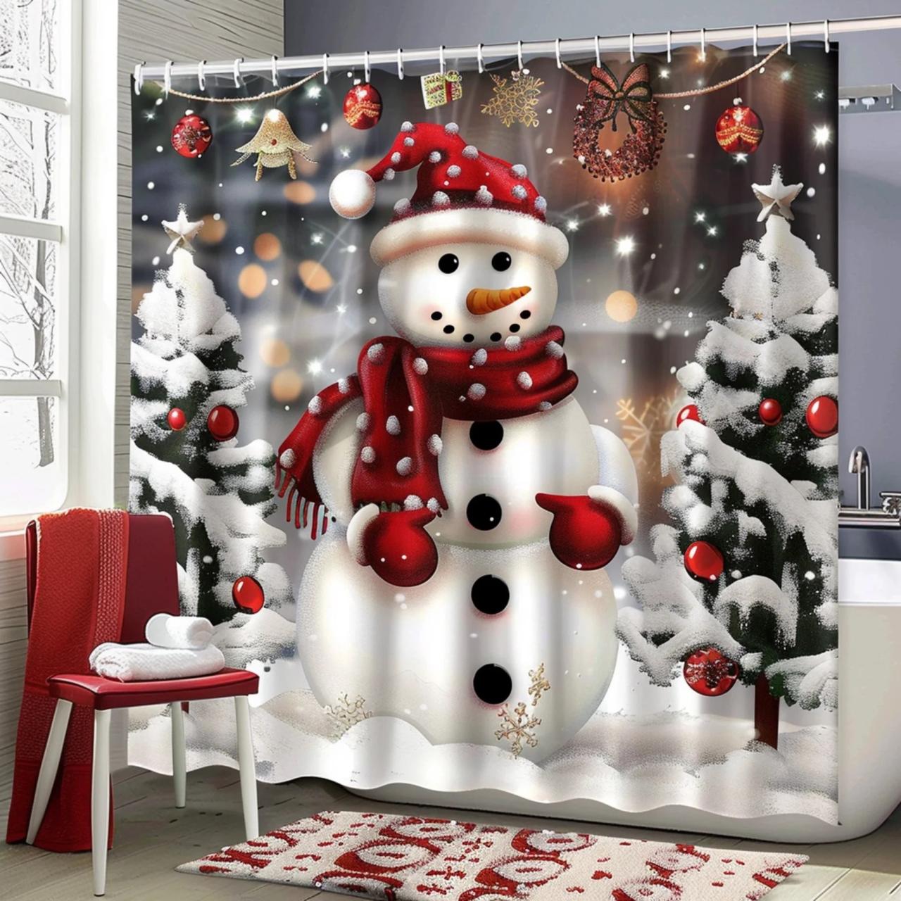 christmas bathroom decor walmart Festive Christmas Snowman Shower Curtain Set with Tree Decor Snow Scene Photography Holiday