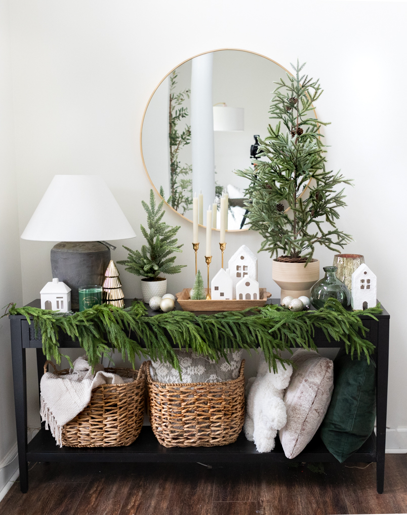 christmas decor for sofa table How to Decorate a Console Table for Christmas