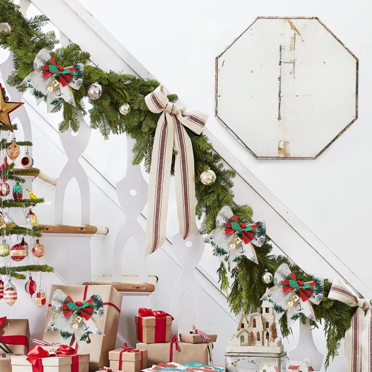 christmas decor on stairs Needhep Holiday Bows Christmas Decorations, Christmas Decorations, Red