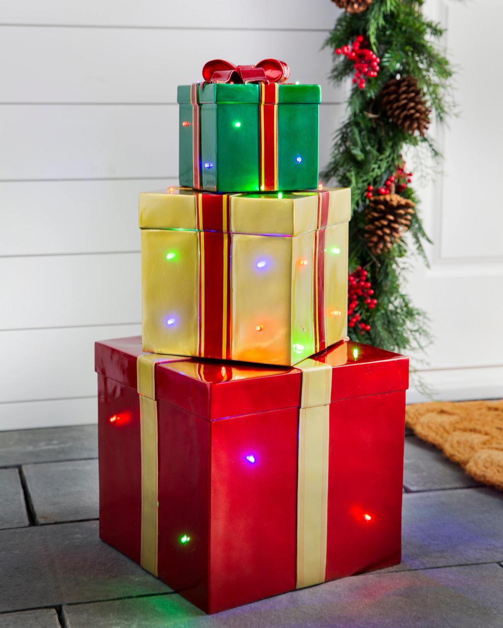 christmas gift box outdoor decor Outdoor Stackable Lighted Christmas Gifts Balsam Hill