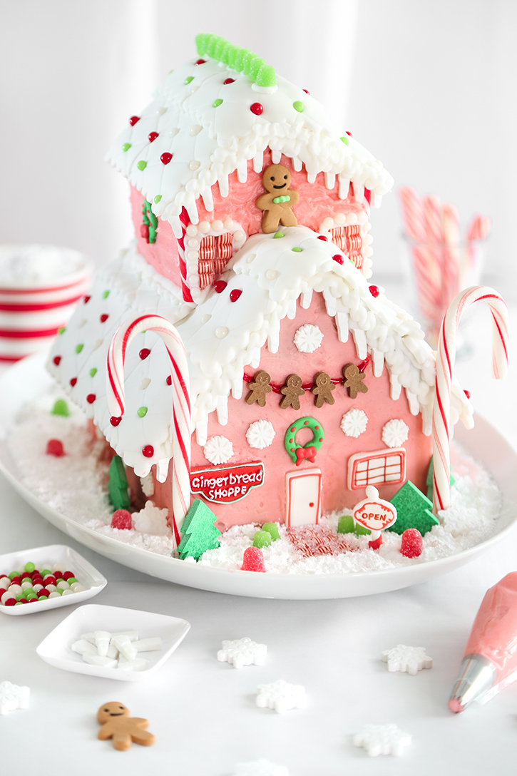 pink gingerbread christmas decor Pretty Pink Gingerbread Shop with Wilton's Gingerbread House Kits Sprinkle Bakes