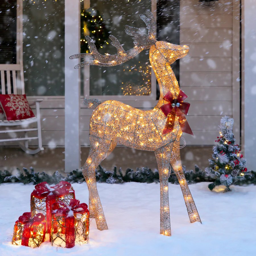 pre lit outdoor christmas decor 5ft 3D PreLit Gold Glitter Christmas Reindeer Yard Decoration w/ 150 Best Choice Products