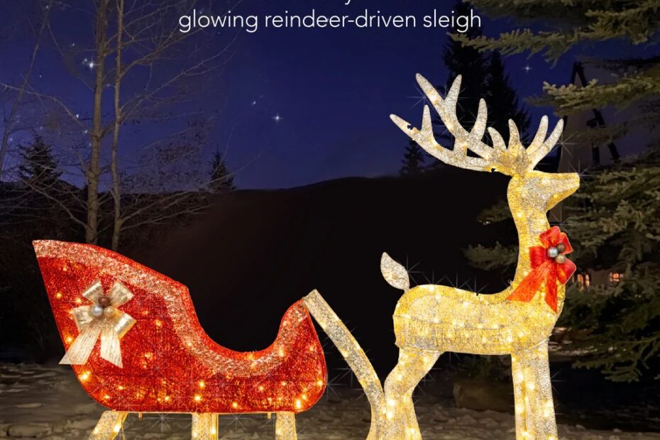 outdoor christmas decorations reindeer and sleigh Lighted Christmas Reindeer & Sleigh Outdoor Decor Set w/ LED Lights