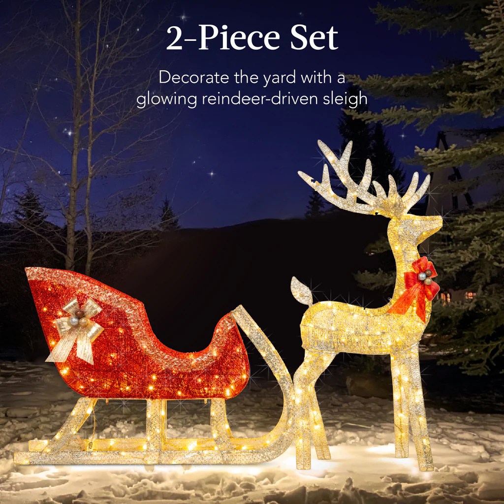 outdoor christmas decorations reindeer and sleigh Lighted Christmas Reindeer & Sleigh Outdoor Decor Set w/ LED Lights