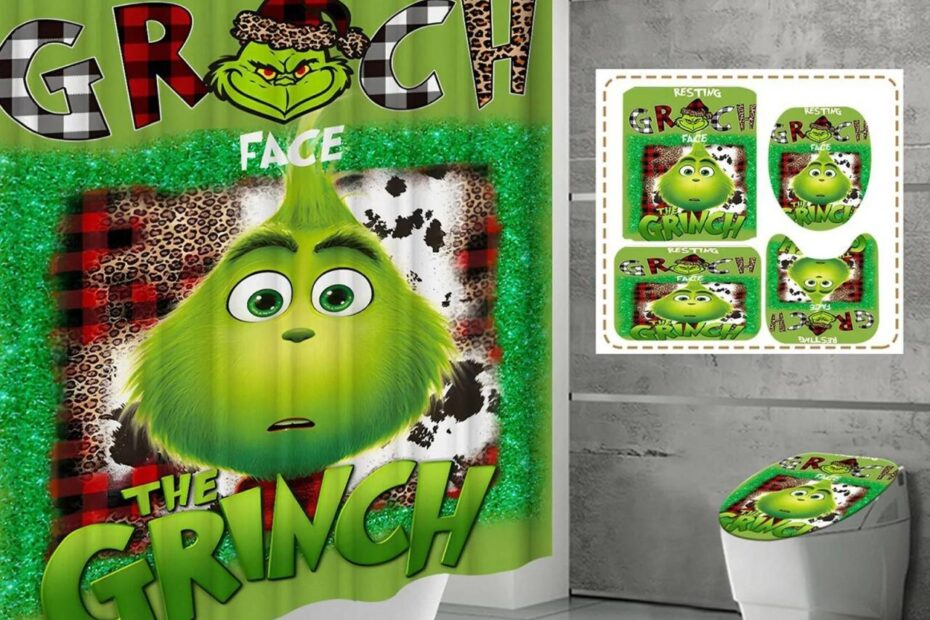 the grinch christmas decor The Grinch, 4 Pcs Christmas Bathroom Set, Christmas Shower Curtain Sets Shower Curtain NonSlip