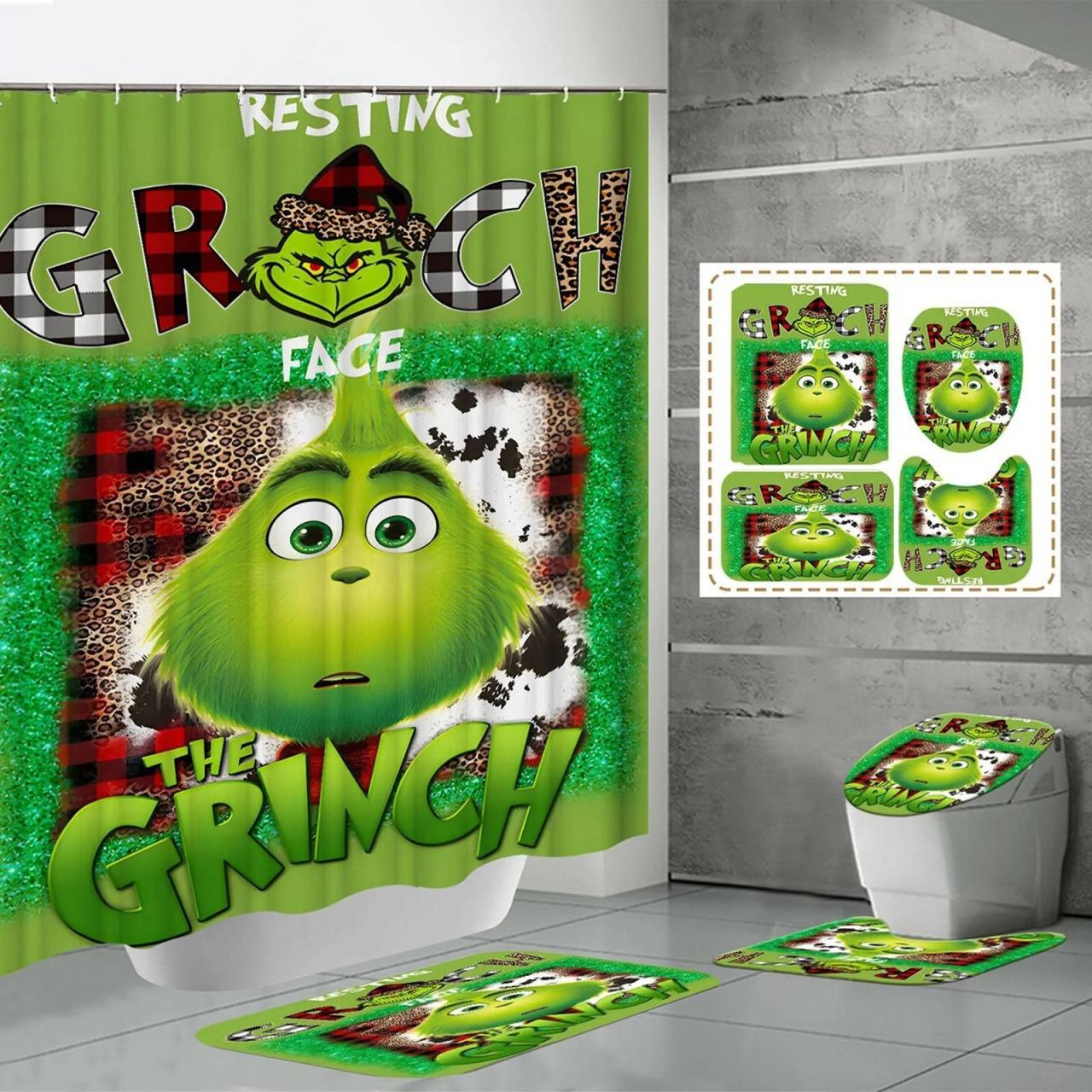 the grinch christmas decor The Grinch, 4 Pcs Christmas Bathroom Set, Christmas Shower Curtain Sets Shower Curtain NonSlip