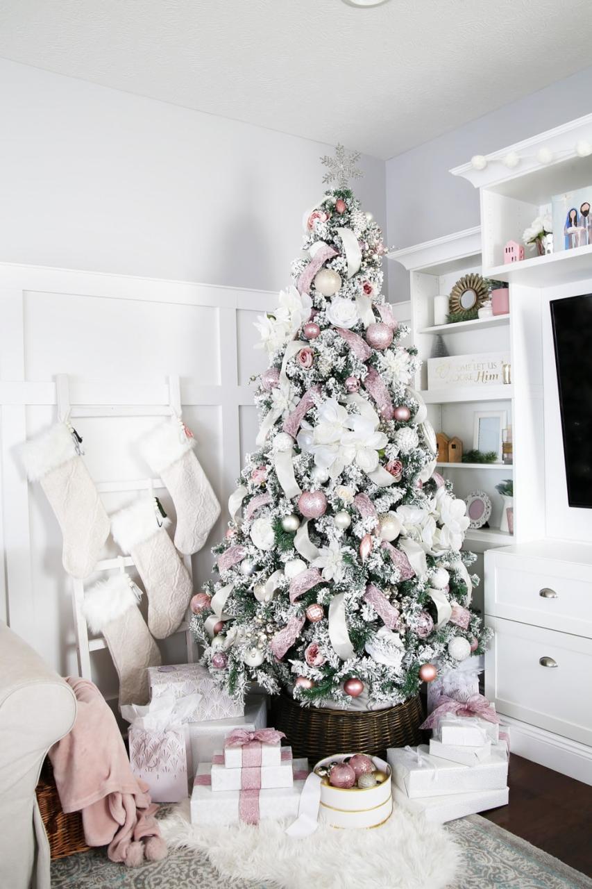 pink and white christmas decor White Christmas Tree With Pink Decorations