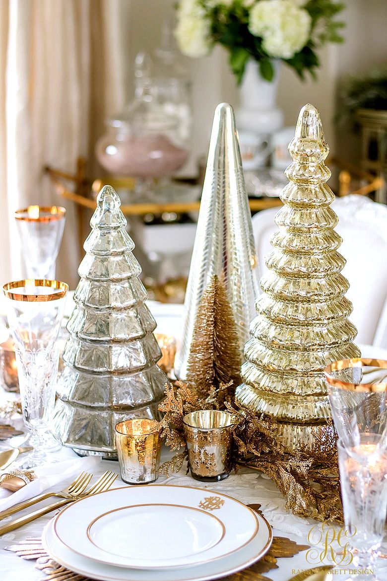 gold christmas tabletop decor Elegant Gold Christmas Table Scape with mercury glass trees and votives Randi Garrett Design