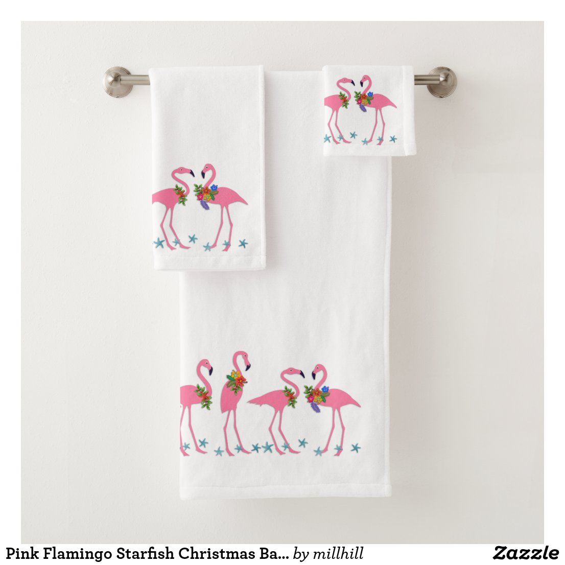 pink christmas bathroom decor Pink Flamingo Starfish Christmas Bath Towel Set Zazzle Christmas bath towels, Pink flamingos