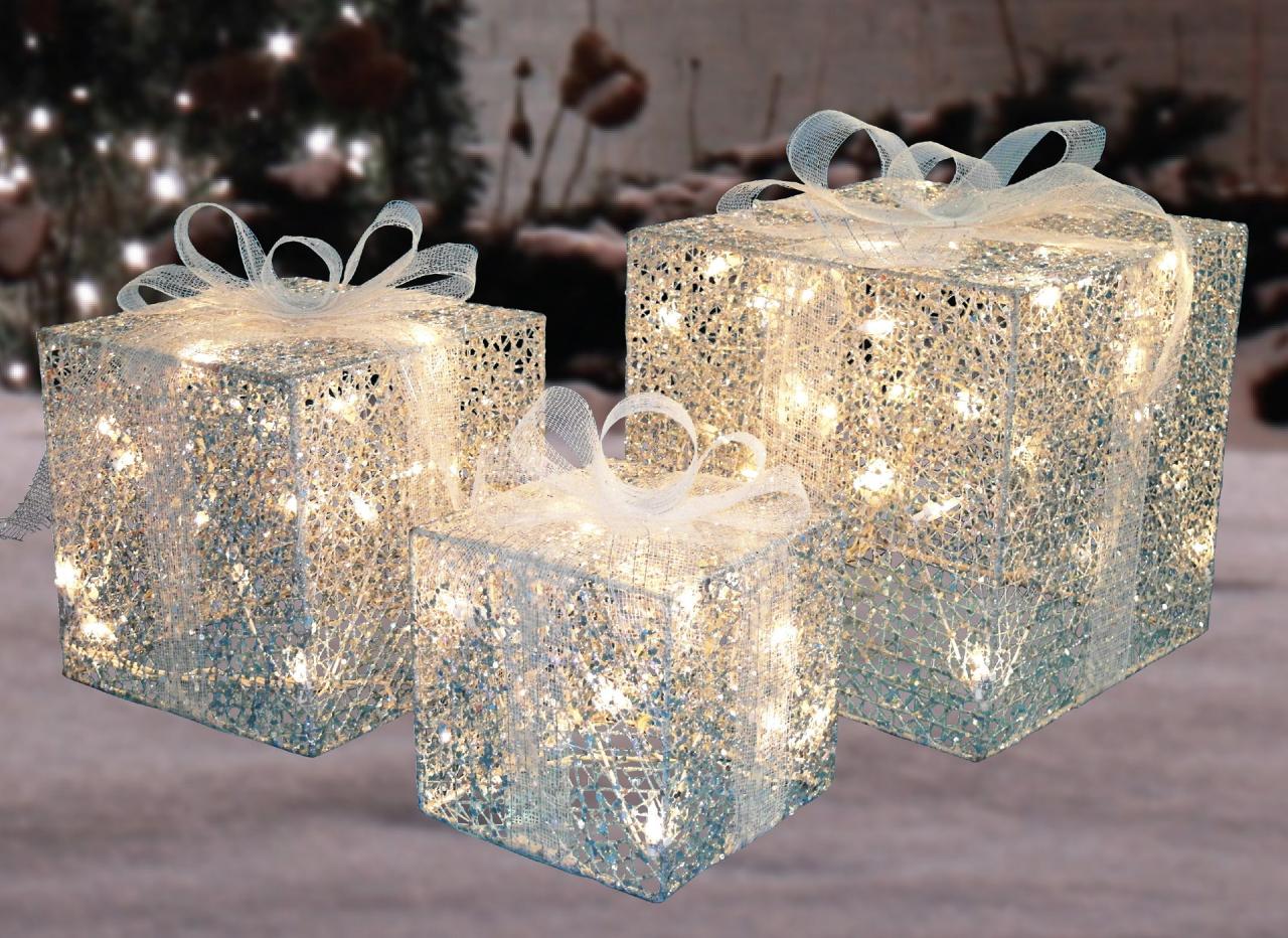 christmas gift box outdoor decor Set of 3 Lighted Silver Glitter Gift Box Christmas Outdoor Decorations 15" Christmas Central