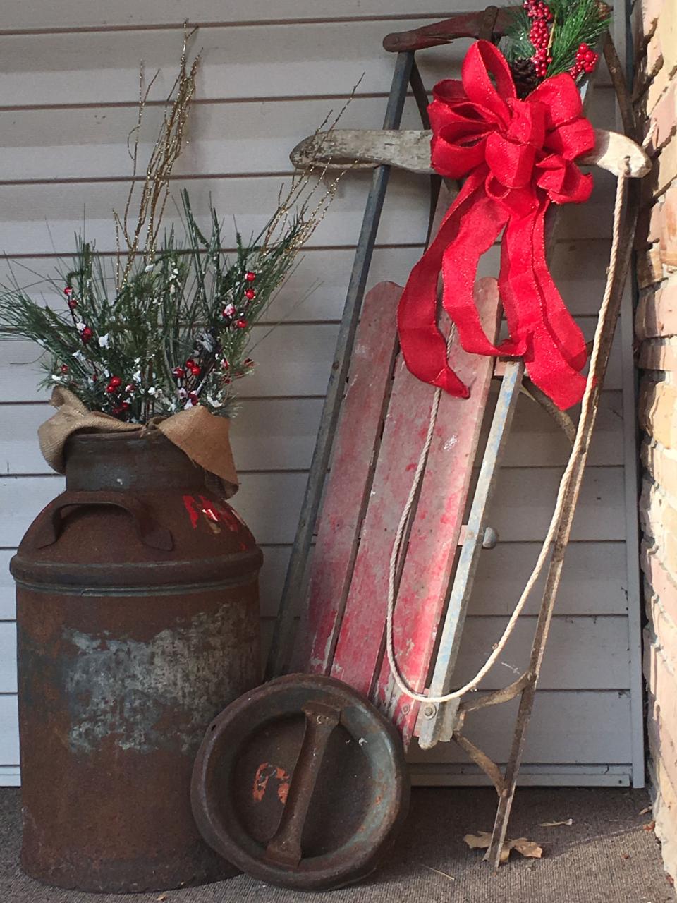 christmas milk can decor Christmas sled and milk can Outdoor christmas decorations, Christmas sled decoration, Front