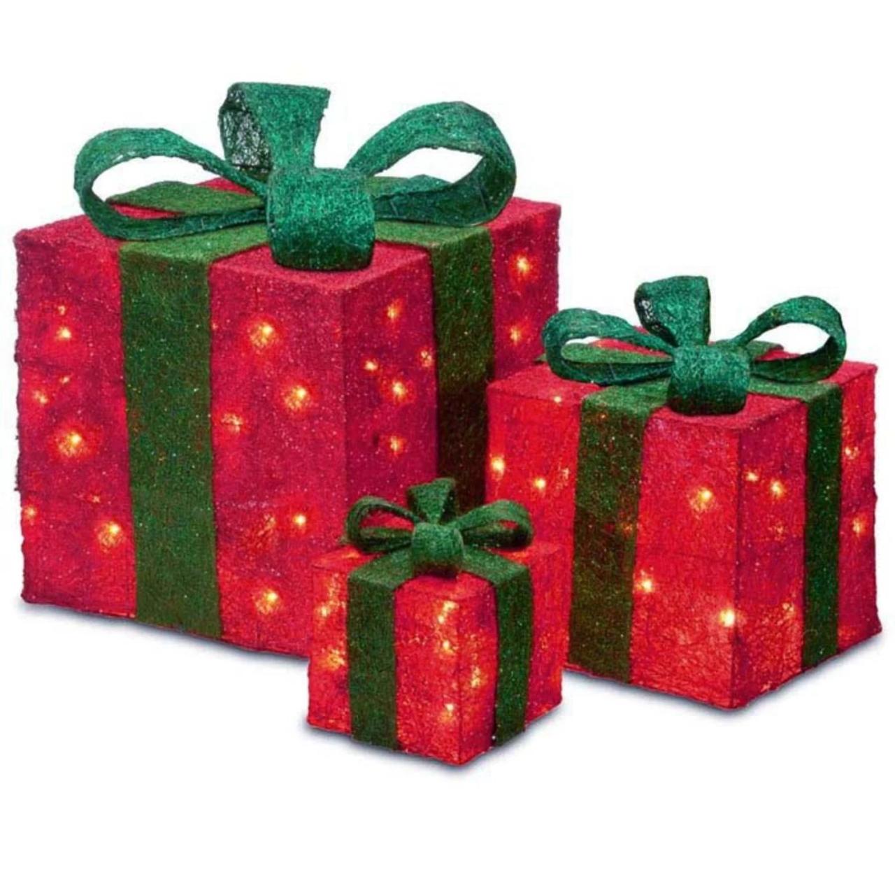 christmas gift box outdoor decor Set of 3 Sparkling Red Sisal Gift Boxes Lighted Christmas Outdoor Decorations Walmart Canada