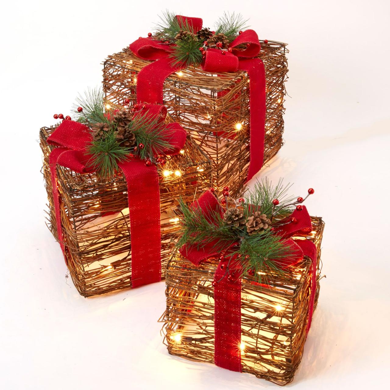 christmas gift boxes decor Set of 3 PreLit Rattan Gift Boxes Outdoor Christmas Lighted Decorations and Décor Brylane