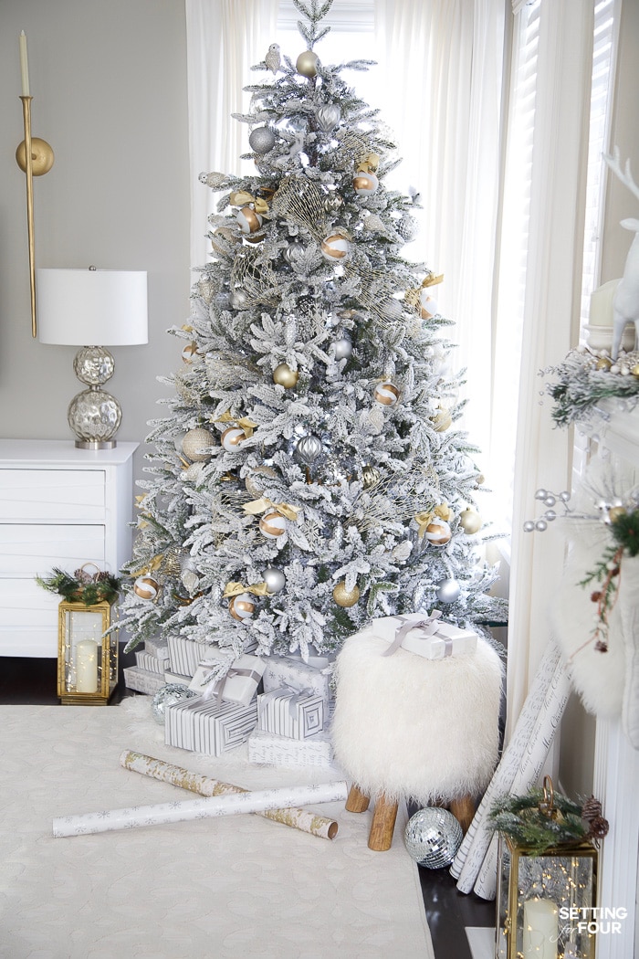 gold and silver christmas tree decor Silver & Gold Flocked Christmas Tree Decorations Setting For Four Interiors