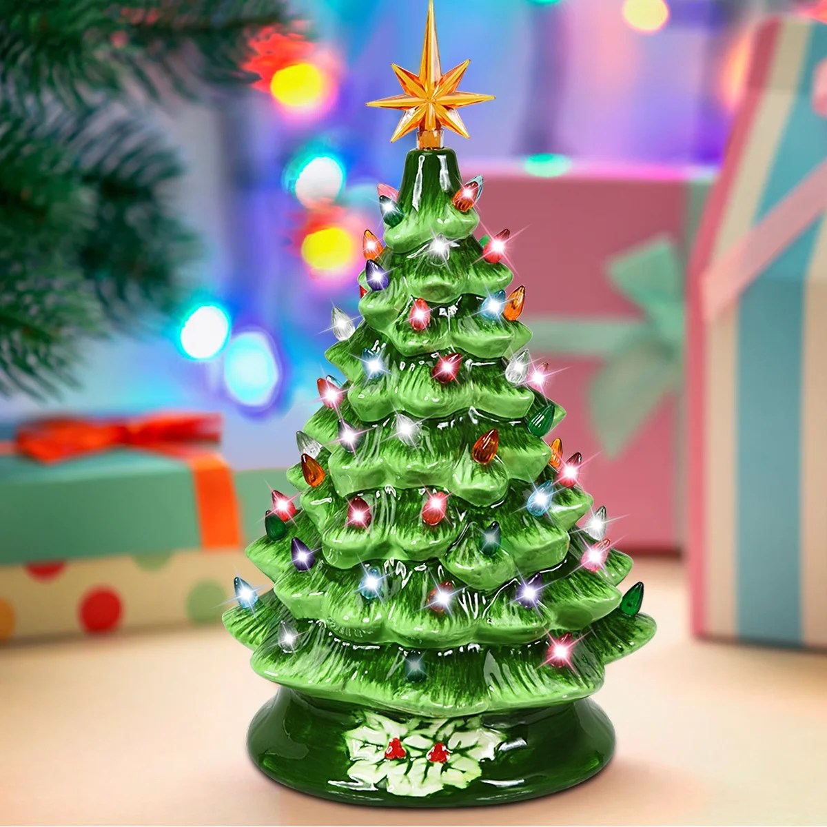 battery operated christmas decor Topbuy 15" Prelit Ceramic Tabletop Christmas Tree Green HandPainted Battery Powered w/ 66