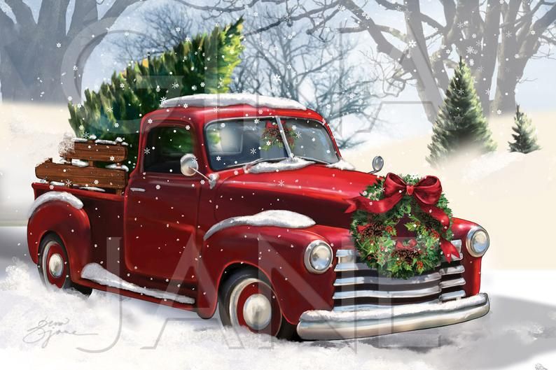 christmas pick up truck decor Vintage Christmas Chevy Red Truck Tree DIY Craft Digital Etsy