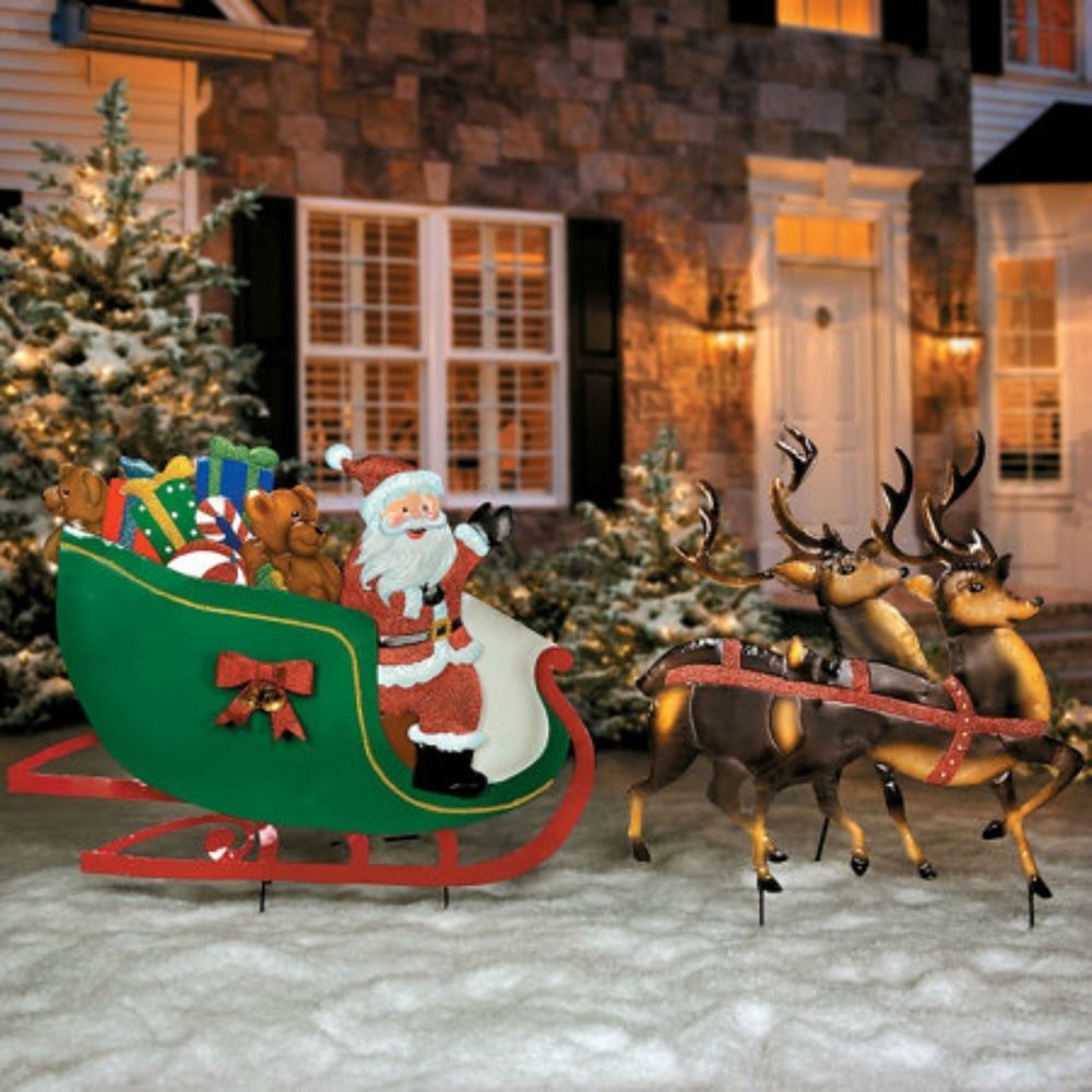 outdoor christmas decorations reindeer and sleigh METAL SANTA w/ith SLEIGH & REINDEER Set Christmas Outdoor YARD DECOR i