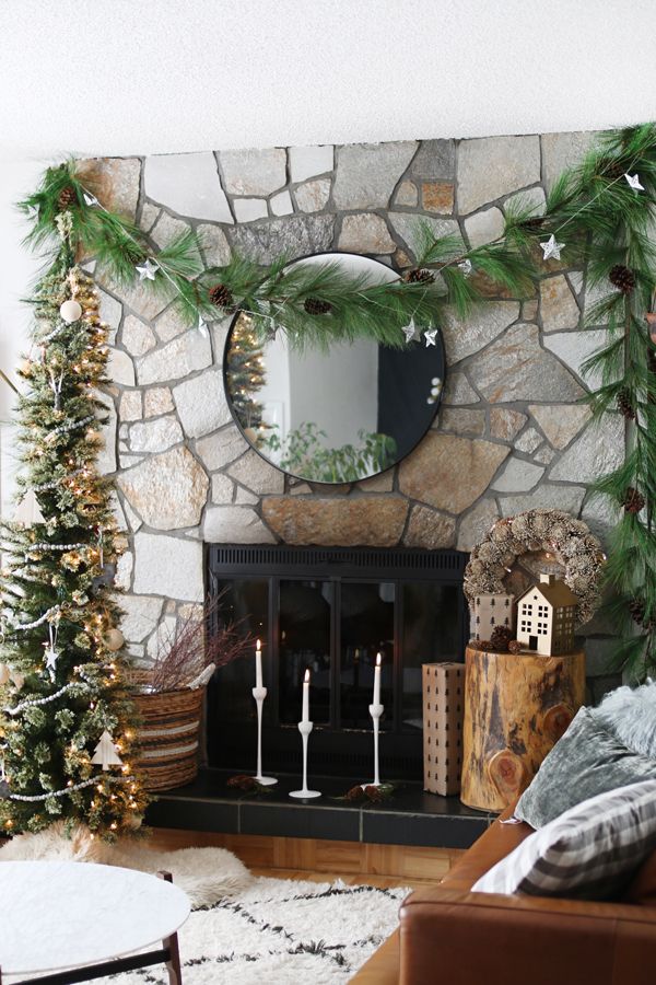 no mantel fireplace christmas decor How to Decorate a Fireplace Without a Mantel for Christmas Christmas fireplace decor