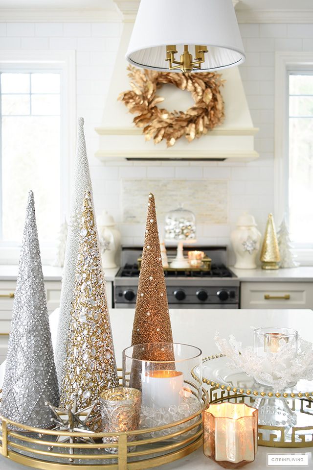 kitchen island christmas decor ELEGANT CHRISTMAS KITCHEN DECORATING CitrineLiving Silver christmas decorations, Gold