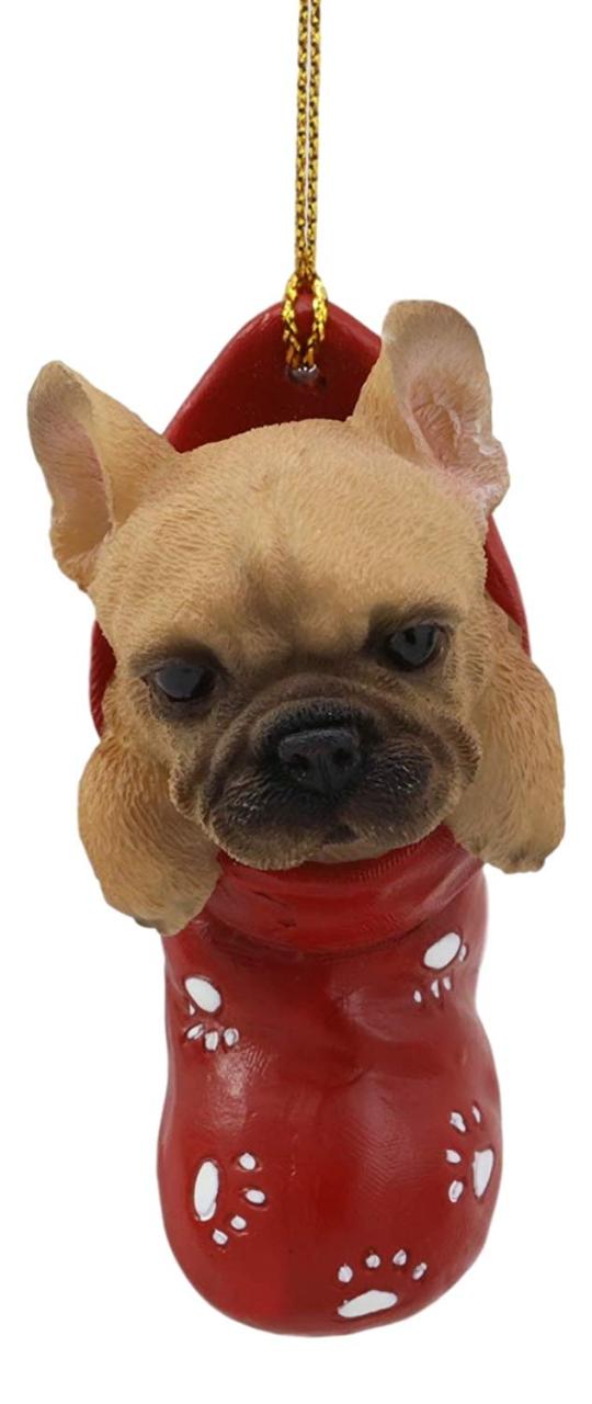 french bulldog christmas decor Ebros Realistic Frenchie French Bulldog in The Sock Small Hanging Ornament Figurine with Glass