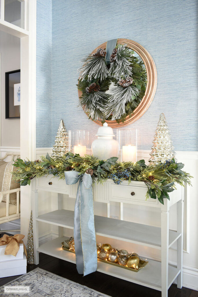 sofa table christmas decor BLUE, GOLD + SILVER CHRISTMAS ENTRYWAY DECOR CitrineLiving