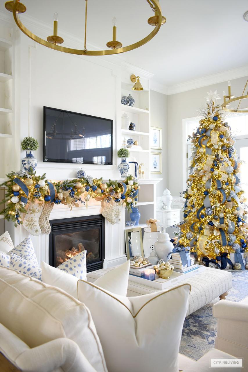 blue and white christmas decor Christmas Living Room Decor Images Matttroy