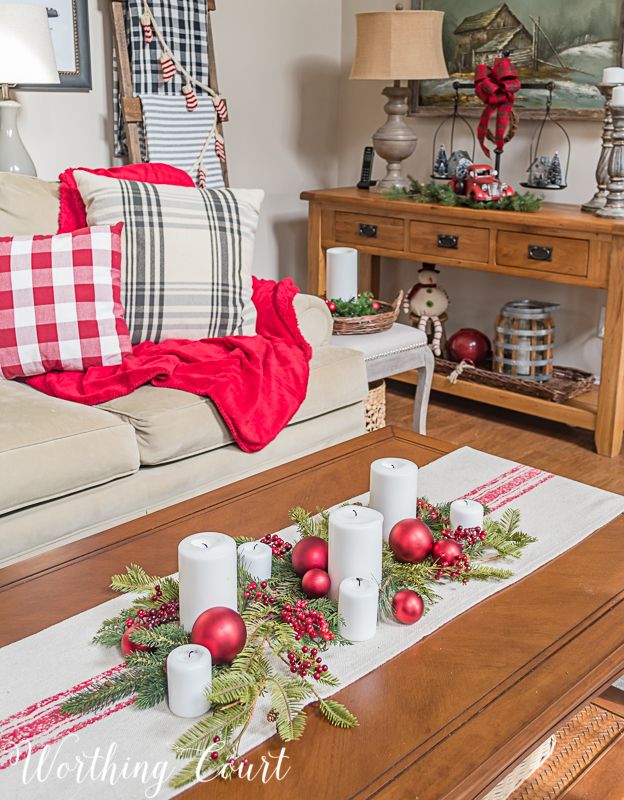 living room table christmas decor Take A Tour Of My Cozy And Festive Christmas Family Room Christmas coffee table decor