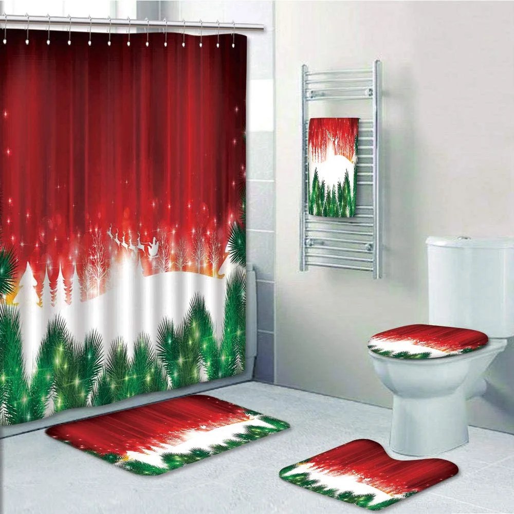 christmas bathroom decor walmart PRTAU Christmas Blurry Xmas Carol with Santa Fir Rudolph Annual Festival 5 Piece Bathroom Set