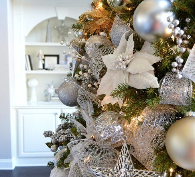 white gold silver christmas decor 2015 Christmas Home Tour Kelley Nan Gold christmas decorations