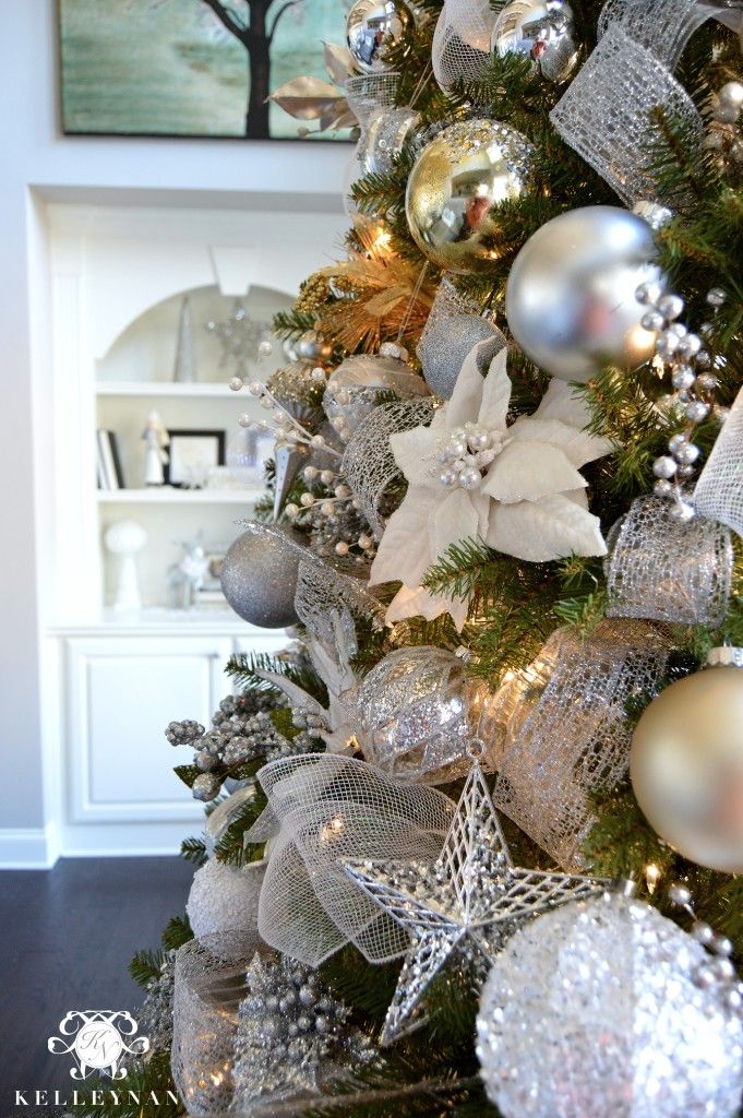 white gold silver christmas decor 2015 Christmas Home Tour Kelley Nan Gold christmas decorations