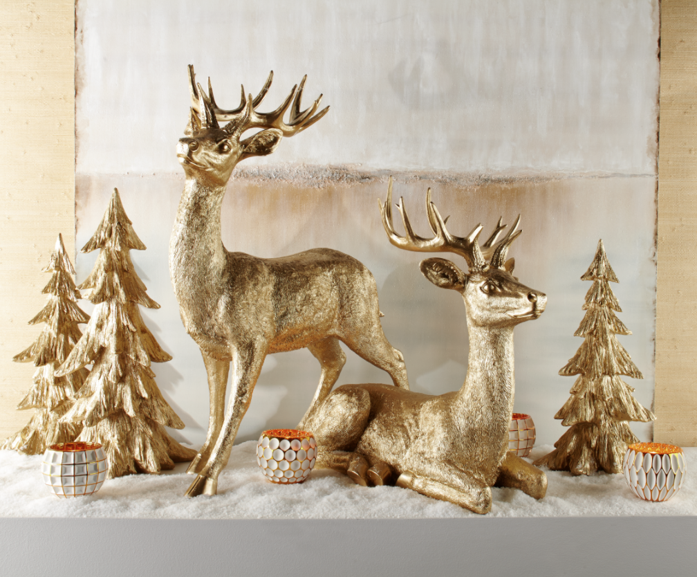 elegant christmas deer decor Gold Glamour Mantel Christmas Deer Decorations, White Christmas Decor, Christmas Mantels