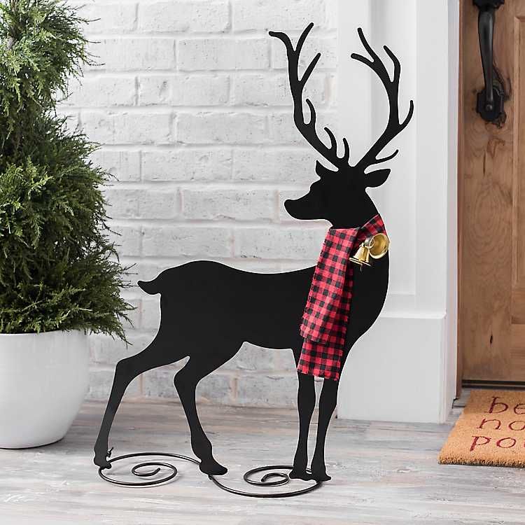 black reindeer christmas decor Black Metal Reindeer with Scarf Kirklands Outdoor christmas reindeer, Reindeer decorations