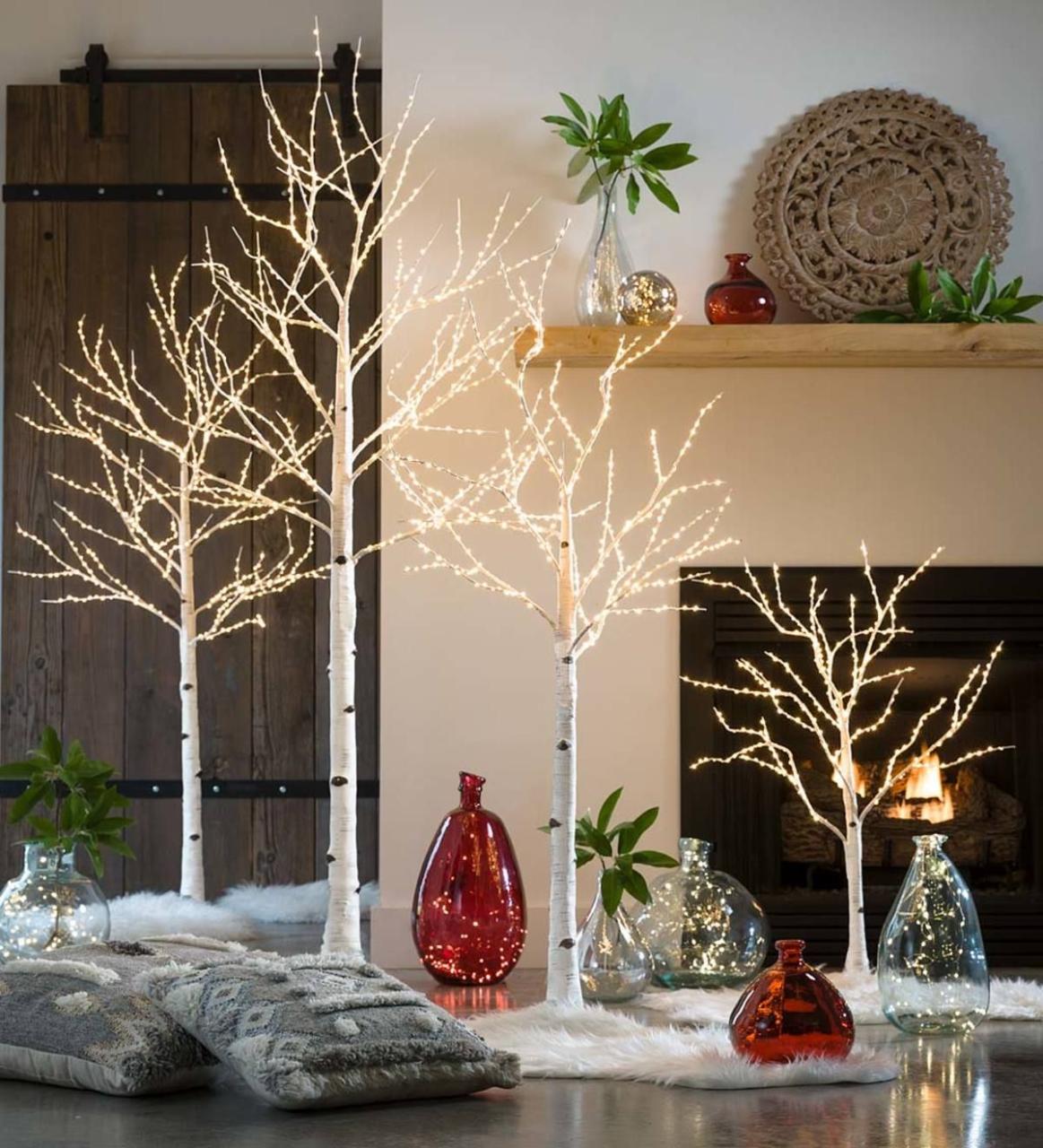 christmas decor with tree branches Create an elegant holiday look with our Lighted Birch Tree accents. Simply beautiful, these