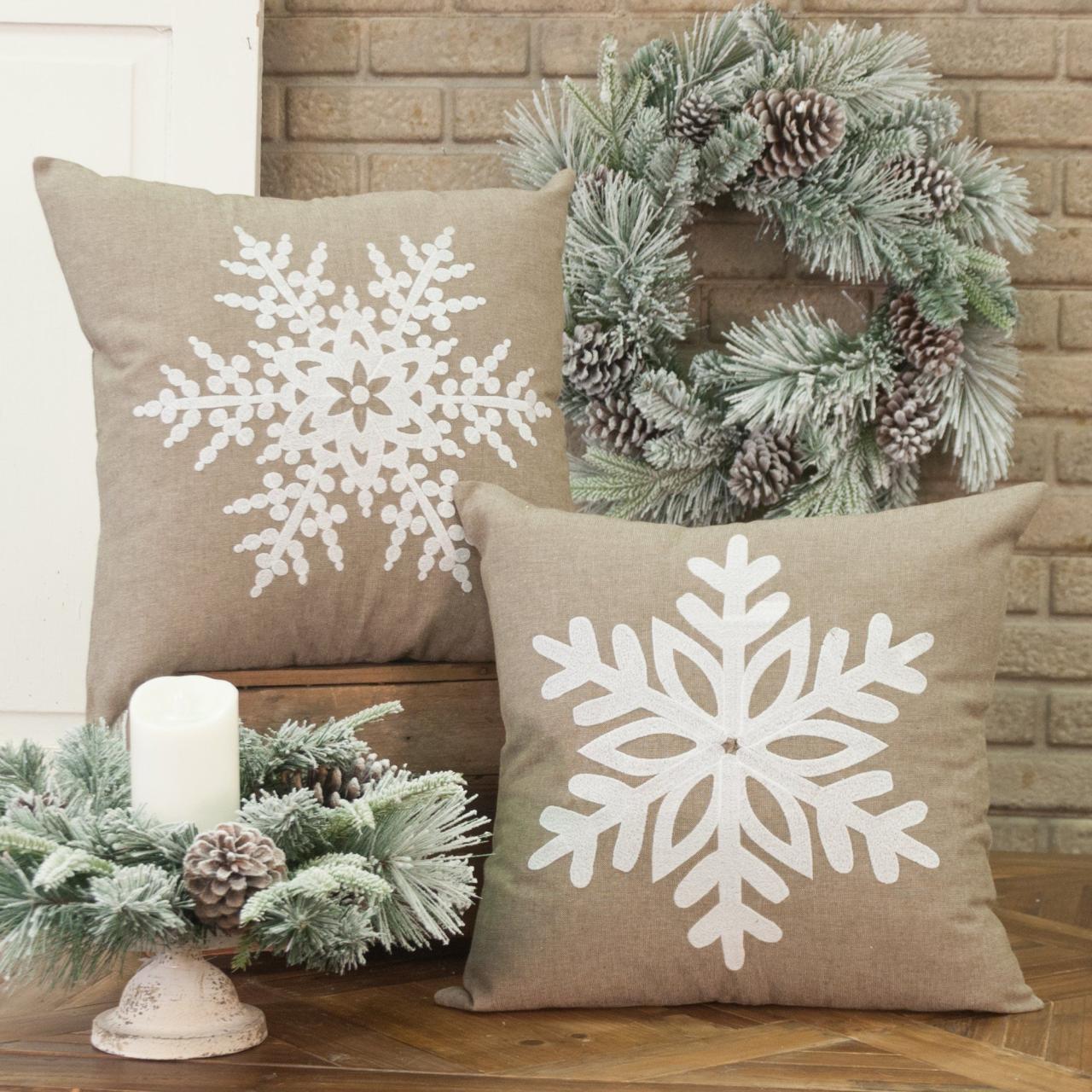 christmas decor throw pillows Frosted Snowflake Throw Pillow Cover, 18x18, BeigeGrey w Soft White Embroidery, Christmas