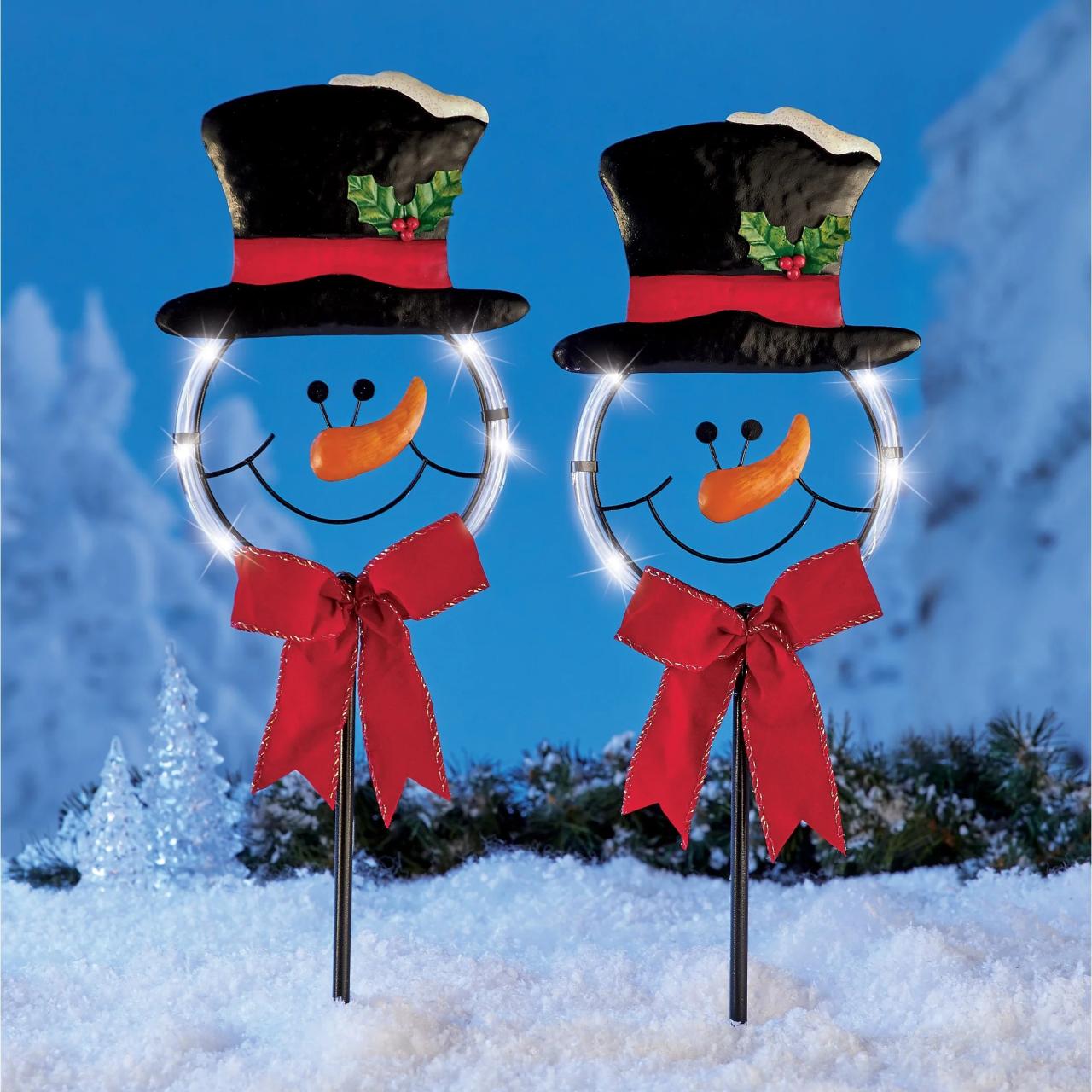 christmas decorations outdoor walmart Solar Glowing Snowman Yard Stakes Set of 2 Outdoor Holiday