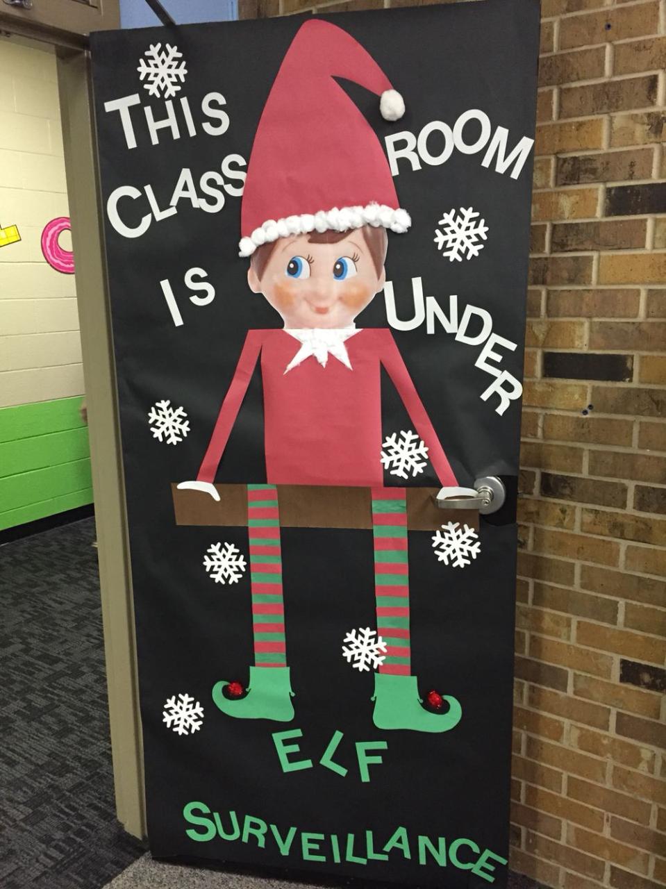 christmas classroom door decor 1st grade classroom door The teacher won an elf on the shelf, so we decorate… Christmas