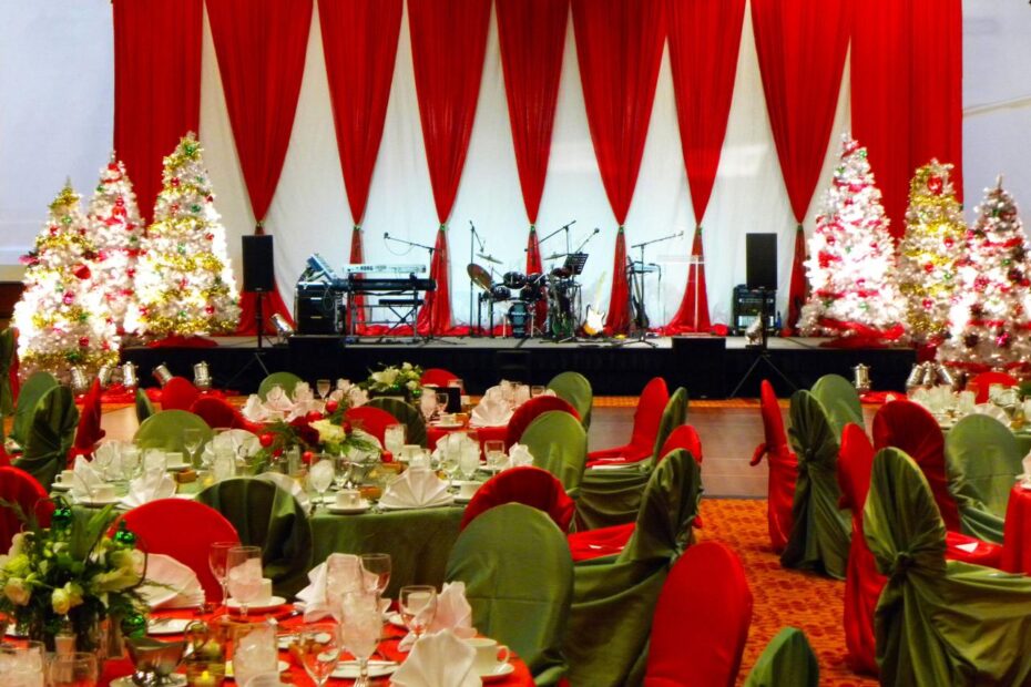 christmas decor for stage Classic red and green Christmas stage decor christmas party stage EventuresInc Christmas