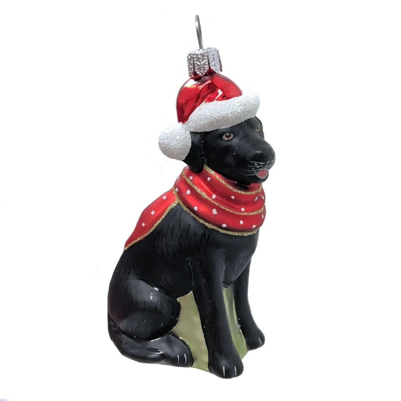 black lab christmas decor Black Labrador Retriever with Hat and Scarf Dog Polish Glass Christmas Ornament