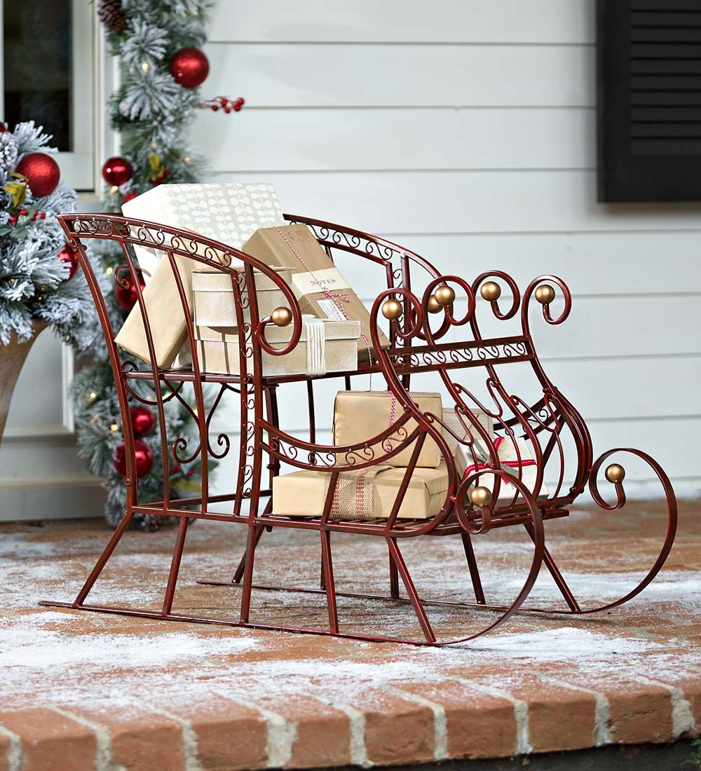 metal christmas yard decor Red Metal Holiday Sleigh Outdoor Holiday Decorations Outdoor