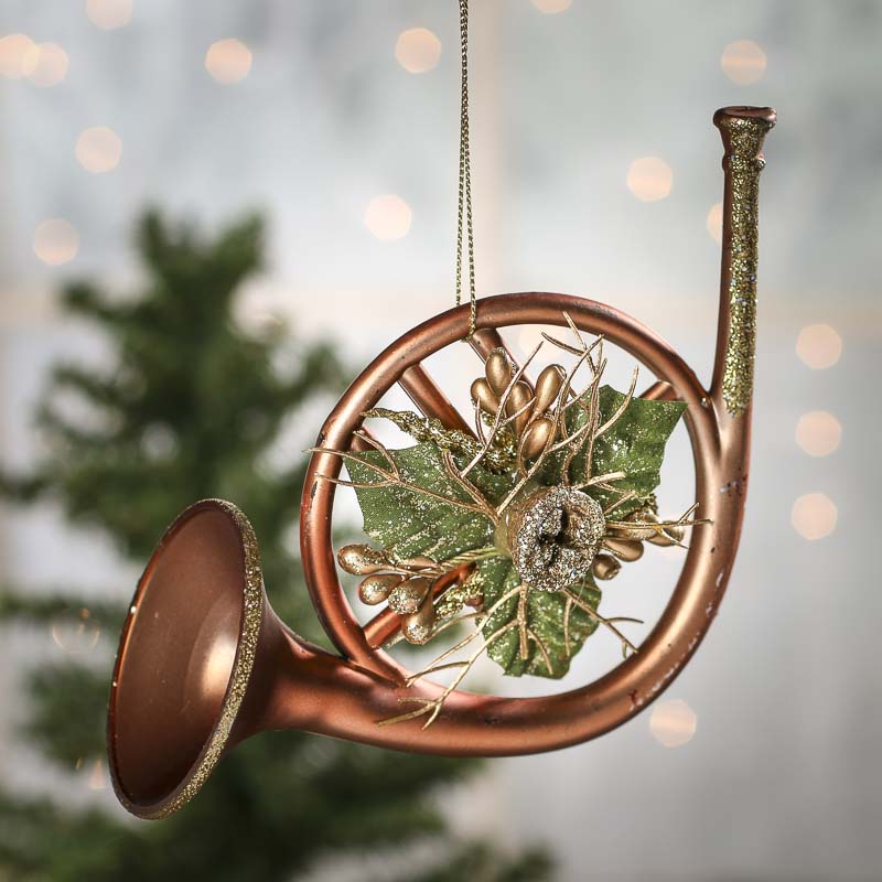 french horn christmas decor Glittered Copper French Horn Christmas Ornament Wall Art Christmas