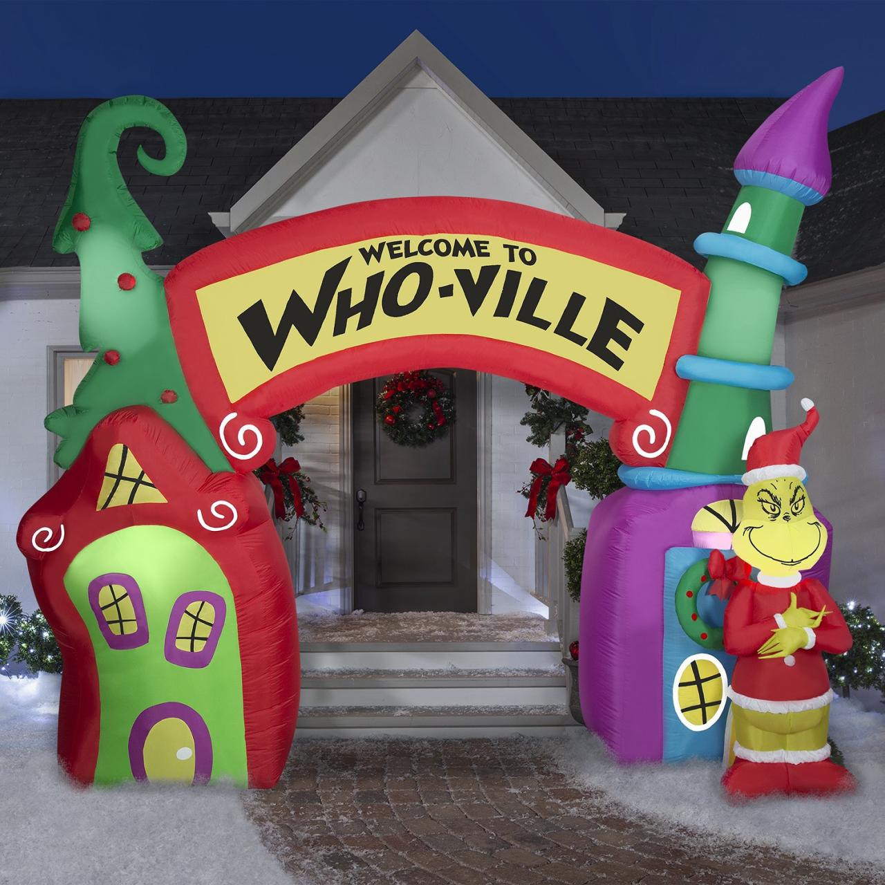 whoville christmas decorations indoor Tis Your Season 12 Ft Airblown Grinch in Whoville Archway Scene