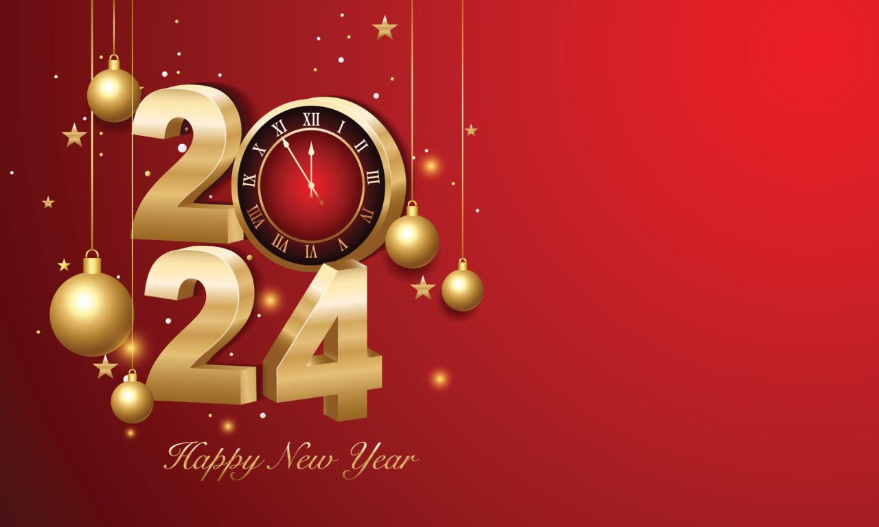 christmas design for 2024 Happy new year 2024. 3d gold numbers with golden Christmas decoration