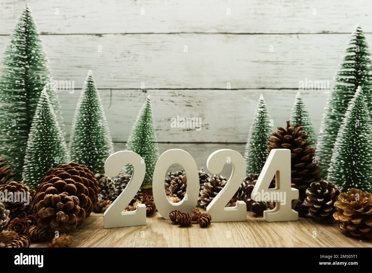 trending christmas decor 2024 Happy New year 2024 decoration with Christmas tree and pine cones on