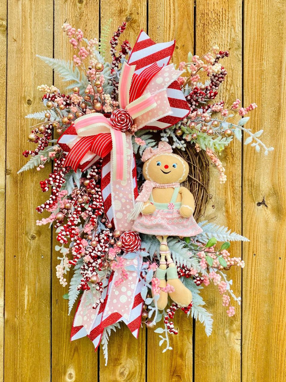 pink gingerbread christmas decor Christmas Holiday Pink Gingerbread Wreath for Front Door, Christmas Candy Decor, Gingerbread