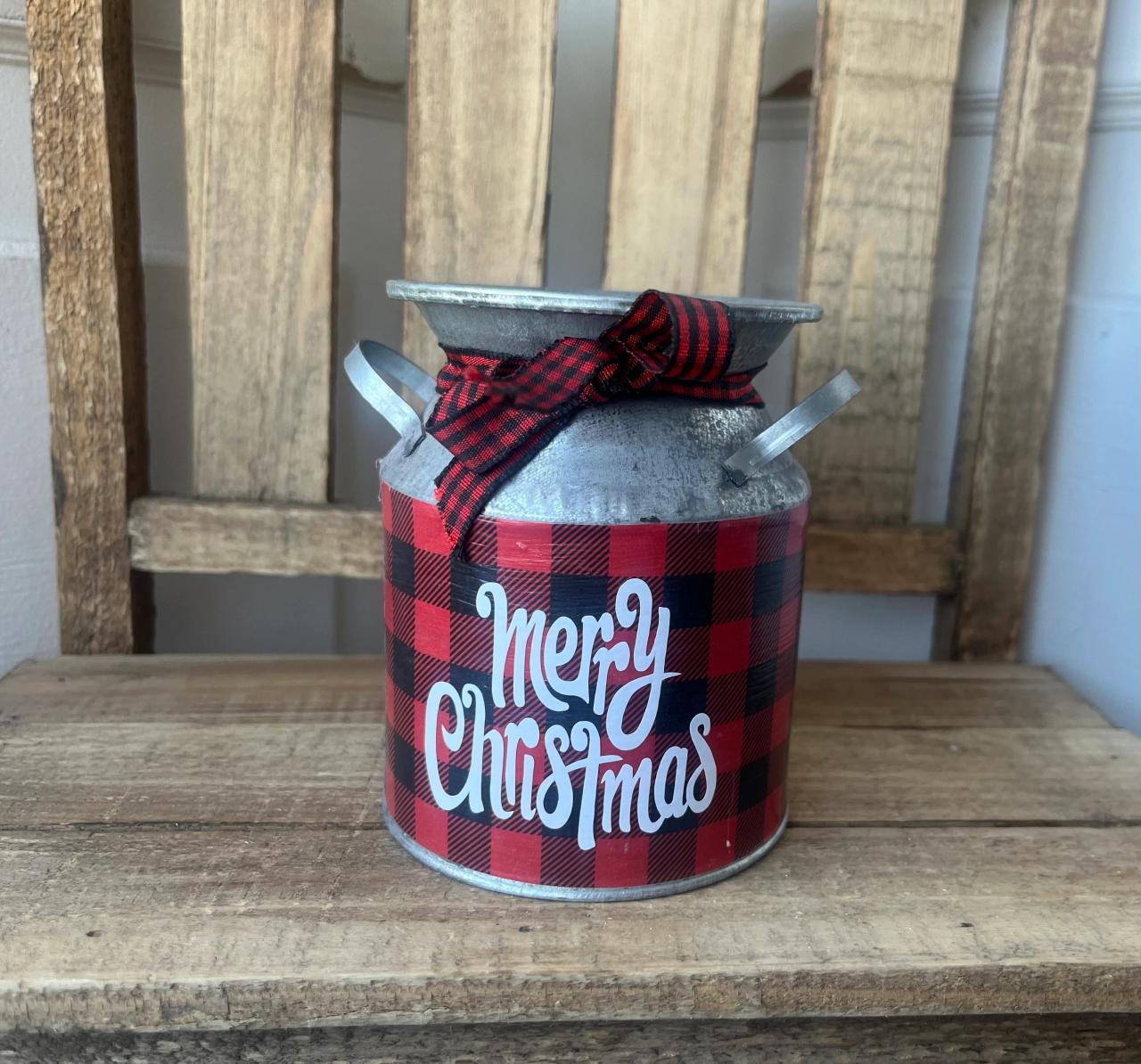 christmas milk can decor Farmhouse BUFFALO PLAID CHRISTMAS Holiday Milk Can Decor for Tier Tray or Mantel. a Great