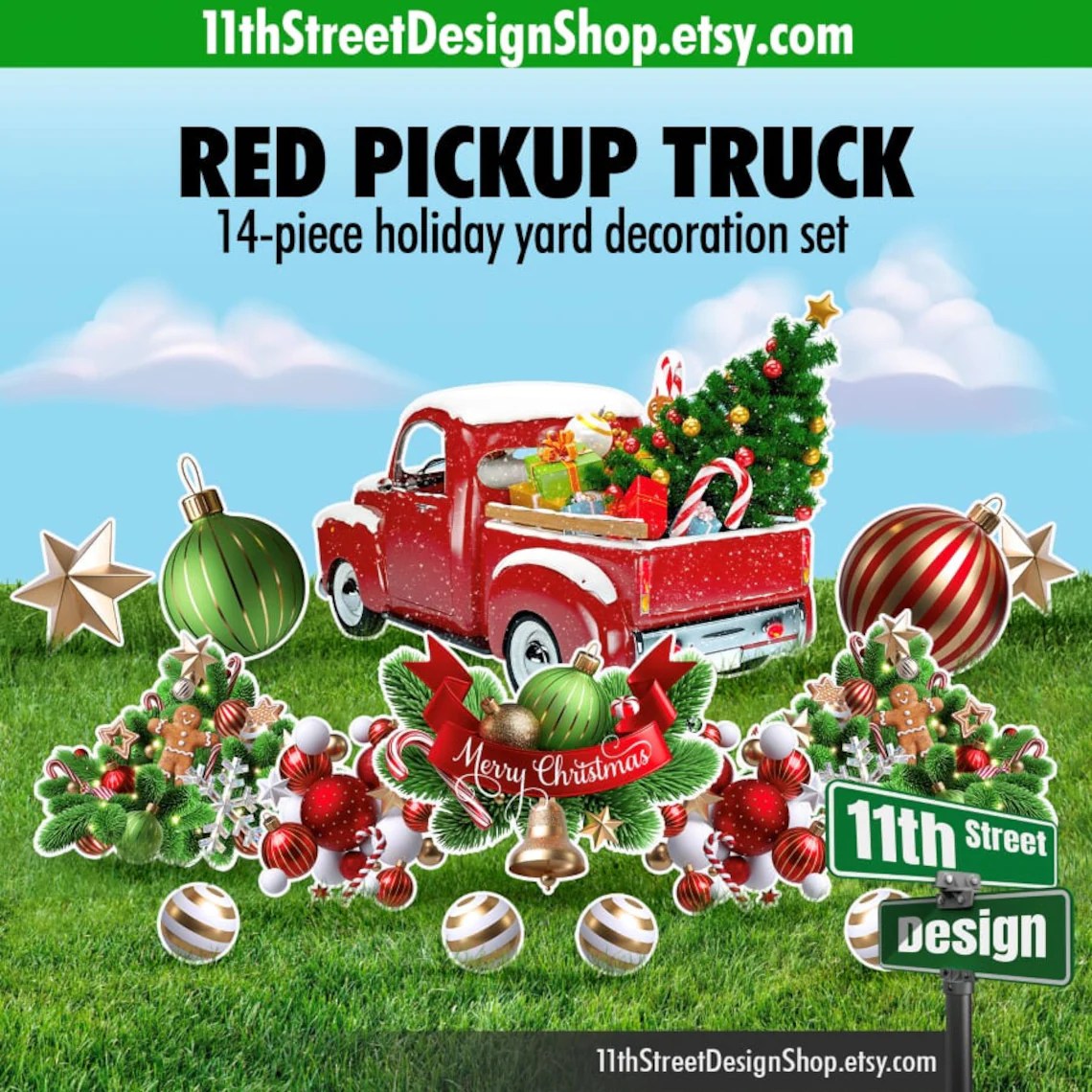 big red truck christmas decor Big Red Pickup Truck Christmas Tree Lawn Decorations Etsy