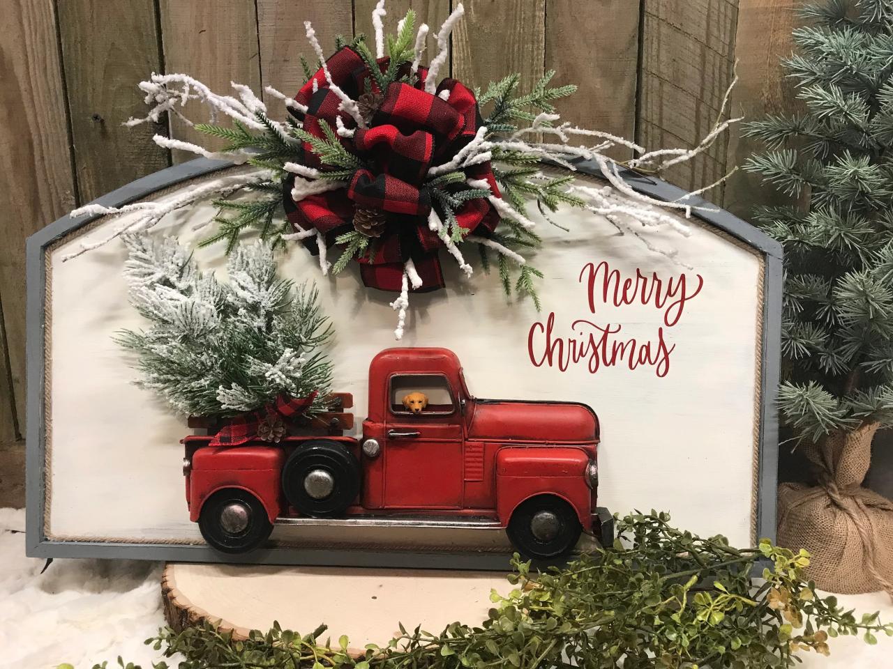 farmhouse red truck christmas decor Red Truck Christmas Wall Decor Farmhouse Christmas Merry Etsy