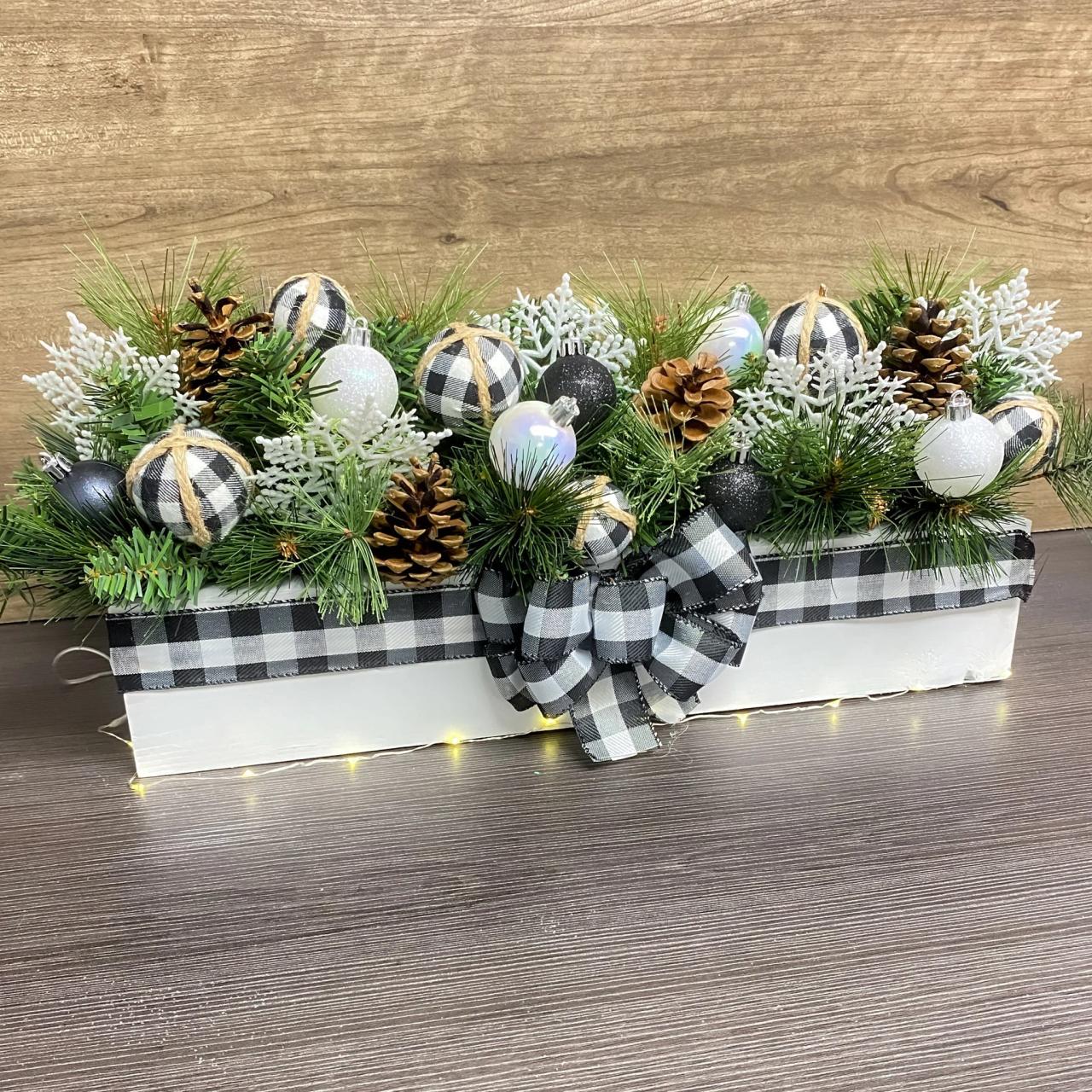 black and white buffalo plaid christmas decor Buffalo Plaid Decor Black and White Christmas Arrangement Etsy